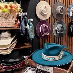Teal Western Hat with Feather and Beaded Band